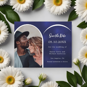 Blauw wit foto boog bruiloft Save the Date kaart