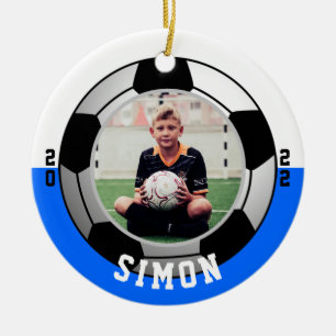Blauw Wit Foto Voetbal One Sided Keramisch Ornament