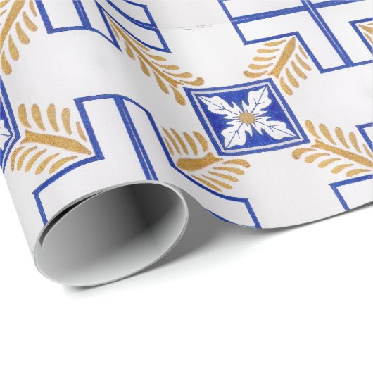 Blauw Wit Geel Azulejo Portugese Tegels Patroon Cadeaupapier (Rol Hoek)