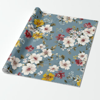 Blauw Wit Geel Rood Ditsy Bloem Pastel Boho 70s Cadeaupapier