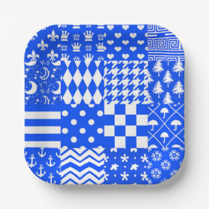 Blauw Wit Gemengde Patchwork Ontwerp Papieren Bordje