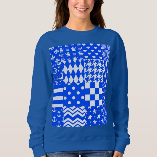 Blauw Wit Gemengde Patchwork Ontwerp Trui (Voorkant)