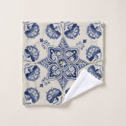 blauw wit geometrisch bloemenpatroon bad handdoek (Wasdoekje)
