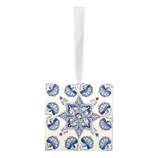 Blauw Wit Geometrisch Bloemkerst Kubus Ornament (Rechts)