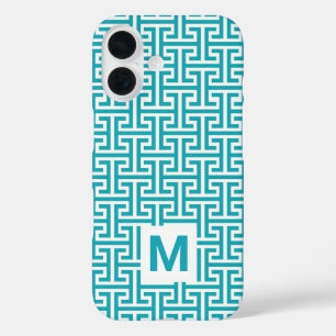 Blauw-wit geometrisch patroon monogram iPhone 16 hoesje
