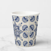 blauw wit geometrisch ventilatorpatroon papieren bekers (Voorkant)