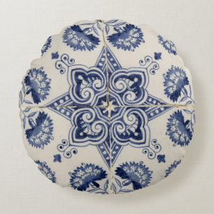  blauw wit geometrisch ventilatorpatroon rond kussen