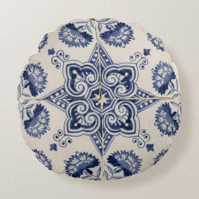 blauw wit geometrisch ventilatorpatroon rond kussen (Voorkant)