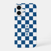 Blauw wit geruit patroon met monogram iPhone 16 hoesje (Achterkant)
