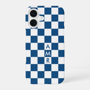 Blauw wit geruit patroon met monogram iPhone 16 hoesje