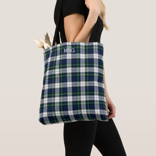 Blauw-wit geruite Gordon Tartan Monogram Tote Bag (Dichtbij)