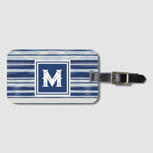 Blauw-wit gestreept monogram bagagelabel (Voorkant (horizontaal))