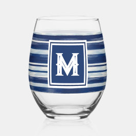 Blauw-wit gestreept monogram wijnglas zonder voet