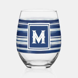 Blauw-wit gestreept monogram wijnglas zonder voet