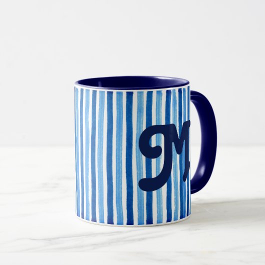 Blauw-wit gestreepte monogram mok (Voorkant rechts)