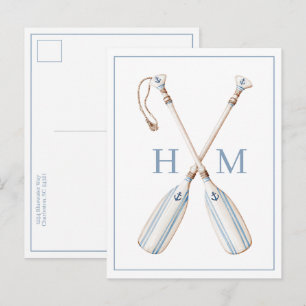 Blauw-wit gestreepte roeispanen met monogram in na briefkaart