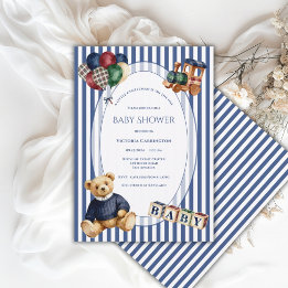 Blauw & Wit Gestreepte Teddibeer Vintage Speelgoed Kaart