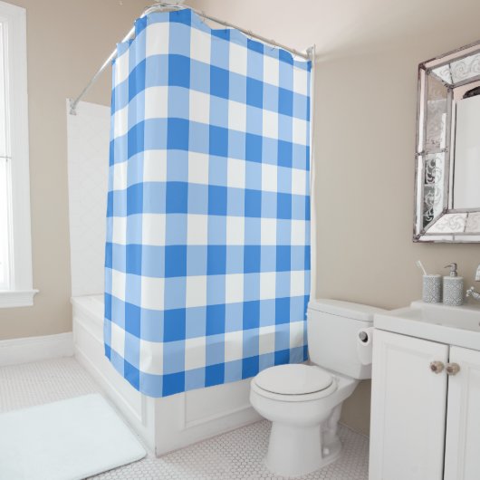 Blauw & Wit Gingham geruite geruite patroon Douchegordijn (In situ)
