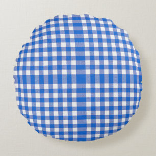 Blauw Wit Gingham Ontwerp Rond Kussen