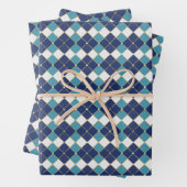  blauw wit goud argyle plaid patroon inpakpapier vel (In situ)