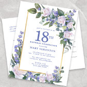 Blauw Wit Goud Bloemen 18e Verjaardagsfeest Uitnodiging Briefkaart