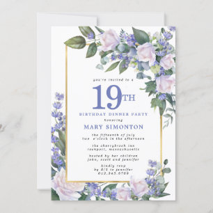 Blauw Wit Goud Bloemen 19e Verjaardag Diner Kaart