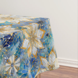 Blauw Wit Goud Kerstmis Poinsettias Tafelkleed