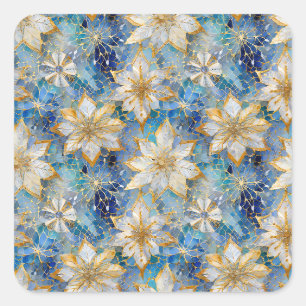 Blauw Wit Goud Kerstmis Poinsettias Vierkante Sticker