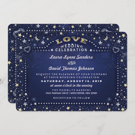 Blauw Wit Goud Maan Sterren RECEPTIE INFO op Terug Kaart (Voorkant / Achterkant)