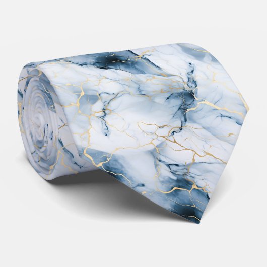 Blauw Wit Goud Marmeren Swirl Bruiloft Formele Gro Stropdas (Opgerold)
