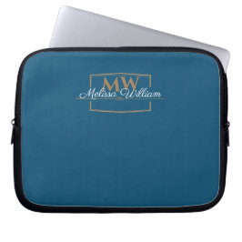 Blauw Wit Goud Monogram Naam Script Laptop Sleeve