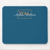 Blauw Wit Goud Monogram Naam Script Muismat (Voorkant)