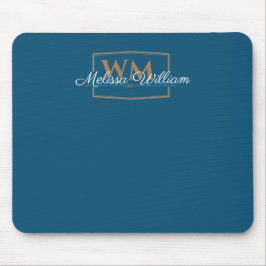 Blauw Wit Goud Monogram Naam Script Muismat