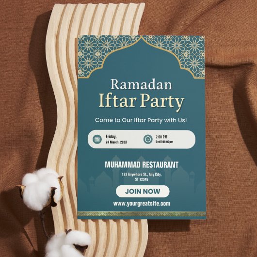 Blauw, Wit & Goud Ramadan Iftar Uitnodiging Poster