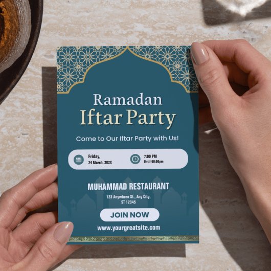 Blauw, Wit & Goud Ramadan Iftar Uitnodigingsposter Kaart