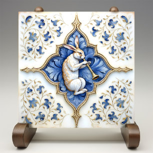 Blauw Wit Gouden Haas Middeleeuws Scrolwork Tegeltje