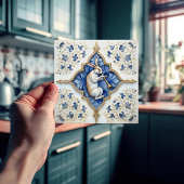 Blauw Wit Gouden Haas Middeleeuws Scrolwork Tegeltje