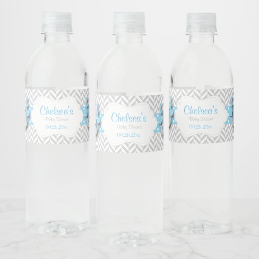 Blauw, wit grijs Baby shower Waterfles Etiket (Flessen)