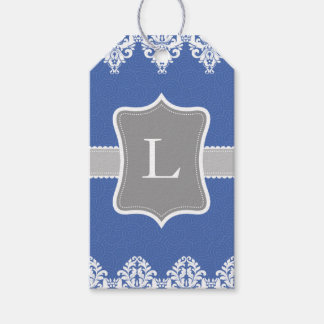 Blauw Wit Grijs Swirls Monogram Gift Labels Cadeaulabel