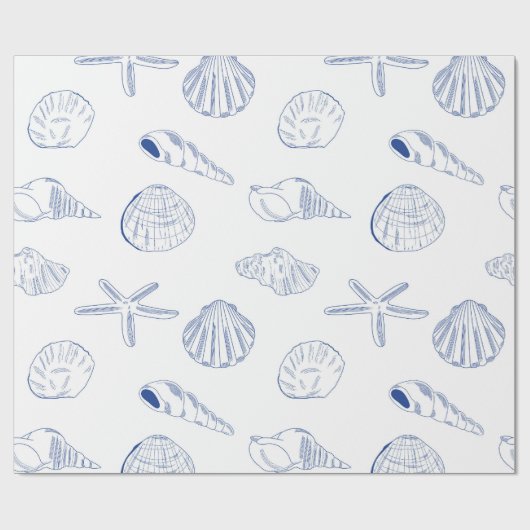 Blauw Wit Hand getrokken Sea Shells Beach Zomer Cadeaupapier (Vlak)