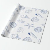 Blauw Wit Hand getrokken Sea Shells Beach Zomer Cadeaupapier (Uitgerold)