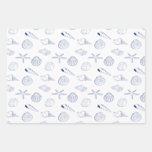 Blauw Wit Hand getrokken Sea Shells Beach Zomer Inpakpapier Vel (Voorkant 3)