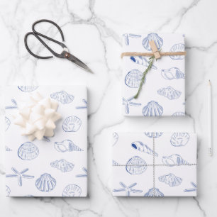 Blauw Wit Hand getrokken Sea Shells Beach Zomer Inpakpapier Vel