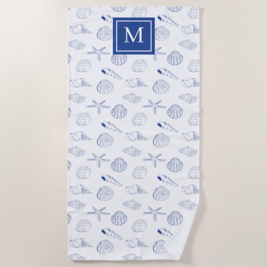 Blauw Wit Hand getrokken Sea Shells Beach Zomer Strandlaken (Voorkant)