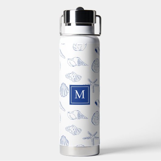 Blauw Wit Hand getrokken Seashells Beach Zomer Waterfles (Achterkant)