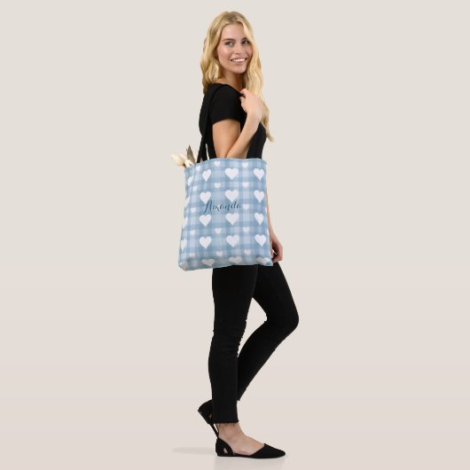 Blauw Wit Hart Canvas Canvas tas (Op model)