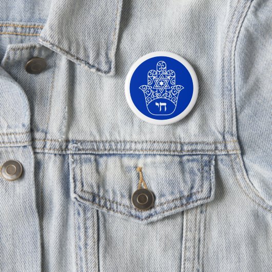 Blauw-wit Hebreeuws Chai Hamsa Ronde Button 5,7 Cm (In situ)