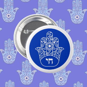 Blauw-wit Hebreeuws Chai Hamsa Ronde Button 5,7 Cm