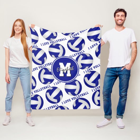 blauw wit Ik hou van volleybalsportkamerdecor Fleece Deken (In situ)