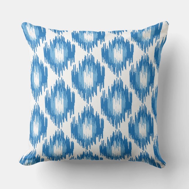 Blauw Wit Ikat Ogee Art Patroon Kussen (Voorkant)